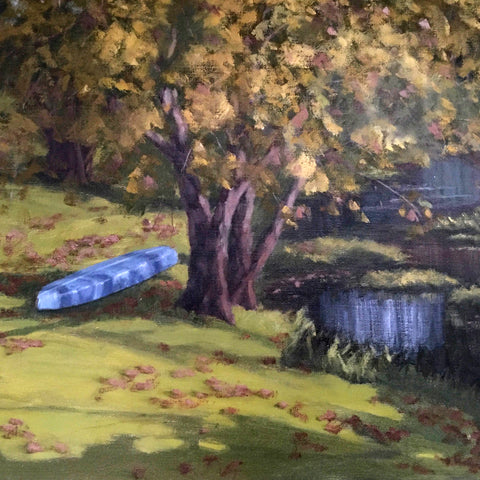Detail of Landscape painting of creek with trees and a blue boat overturned near the edge of the water by Kathy Chumley at Cottage Curator - Sperryville, VA art gallery