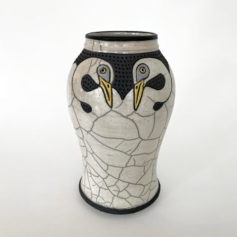 Raku black, white, gray and yellow stoneware vessel with egrets (without lid) by Robin Rodgers at Cottage Curator - Sperryville VA Art Gallery