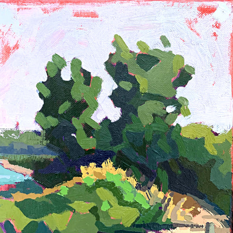 Detail of Landscape painting of trees near the water with pink undertones by Joan Wiberg at Cottage Curator - Sperryville VA Art Gallery