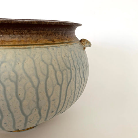 Detail of stoneware planter with white and gray glazed body and brown top edge and handles by Richard Aerni at Cottage Curator - Sperryville VA Art Gallery