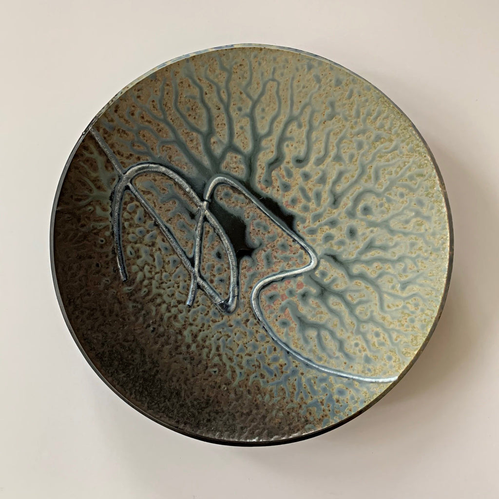 Stoneware wall platter with brown, blue, tan and gray glazing and raised spiral design by Richard Aerni at Cottage Curator - Sperryville VA Art Gallery