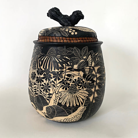 Black and white terra sigillata and sgraffito jar with lid edged in pine needles feat. snails, moths, bees by Carolyn Blazeck at Cottage Curator - Sperryville VA Art Gallery