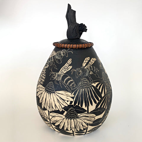 Lidded ceramic vessel with grape vine handle in black and white terra sigliatta and sgraffito technique with plants and insects by Carolyn Blazeck at Cottage Curator - Sperryville VA Art Gallery