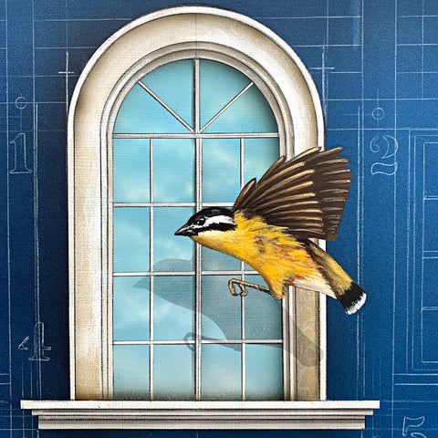 Detail of Bird House - a painting of two goldfinches perched in front of the door and window of a house with blue prints, a ruler and a block in the background - by artist James Carter at Cottage Curator - Sperryville VA Art Gallery