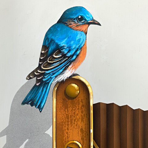 Detail of realistic acrylic painting of Eastern Bluebird sitting on top of old-fashioned accordion camera by James Carter at Cottage Curator - Sperryville VA Art Gallery