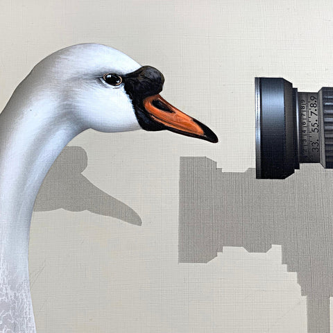 Detail of "Close Up" - a painting of a mute swan looking into a camera on a tripod by James Carter at Cottage Curator Sperryville VA Art Gallery