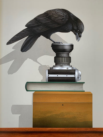 Still life painting of a raven sitting on the edge of a camera lens and looking in, upon a stack with a book and box by James Carter at Cottage Curator - Sperryville VA Art Gallery