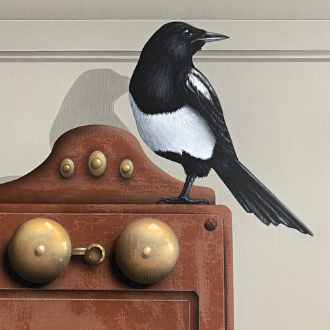 Detail of painting of a magpie perched atop an old wall-mounted rotary phone and desk by James Carter at Cottage Curator - Sperryville VA Art Gallery