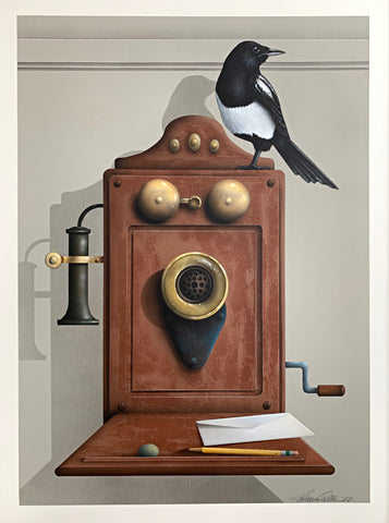 Painting of a magpie perched atop an old wall-mounted rotary phone and desk by James Carter at Cottage Curator - Sperryville VA Art Gallery
