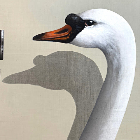 Detail of painting of Mute Swan in front of an antique recording device by James Carter at Cottage Curator - Sperryville VA Art Gallery