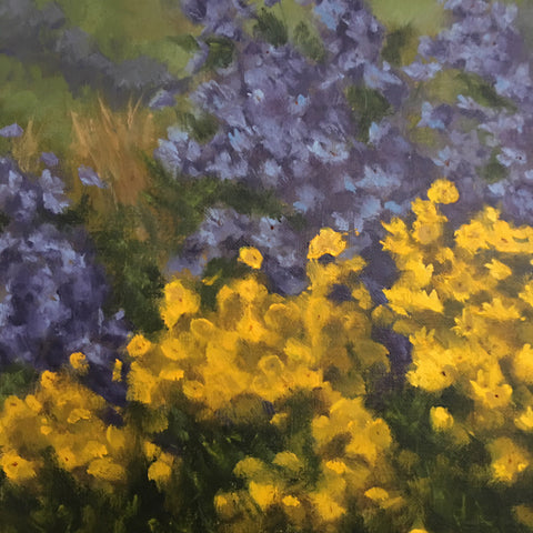 Detail of landscape with purple and yellow flowers by Kathy Chumley at Cottage Curator - Sperryville VA Art Gallery