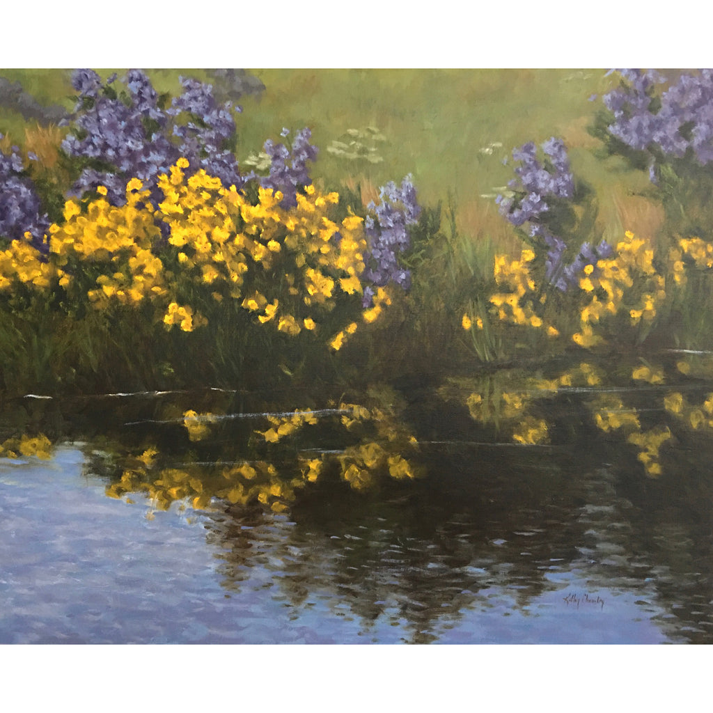 Landscape of purple and yellow flowers and their reflection in the water by Kathy Chumley at Cottage Curator - Sperryville VA Art Gallery