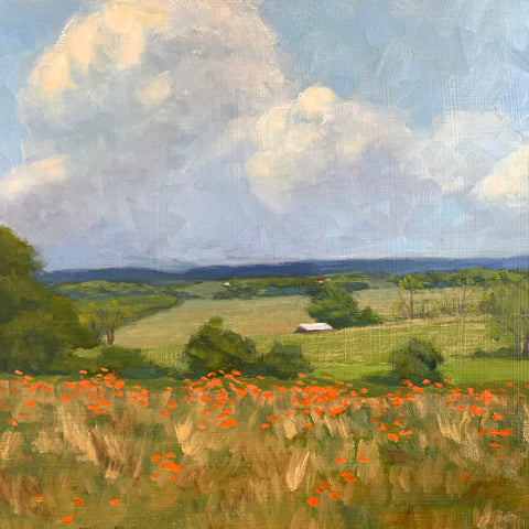 Detail of landscape painting of Blue Ridge Mountains with farm and field of poppies in the foreground by Kathy Chumley at Cottage Curator - Sperryville VA Art Gallery