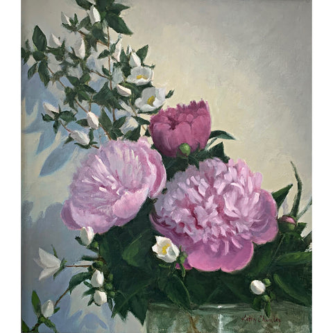 Still life painting of pink peonies and white mock orange blossoms in a vase by Kathy Chumley at Cottage Curator - Sperryville VA Art Gallery