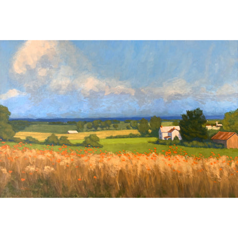 Oil painting of landscape with field of poppies, green farmland and farm buildings with mountains and clouds by Kathy Chumley at Cottage Curator - Sperryville VA Art Gallery
