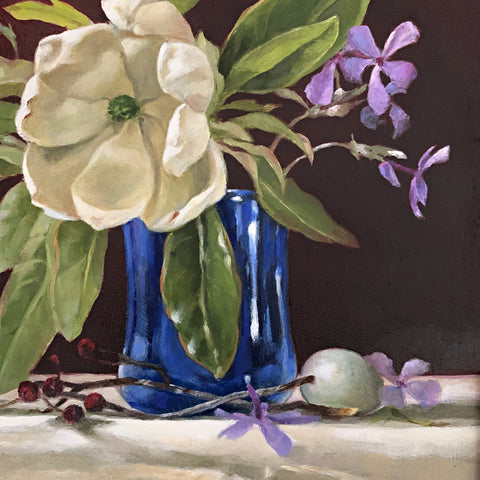 Detail of still-life painting of blue vase on white table cloth with sweetbay magnolia and purple phlox against a red background by Davette Leonard at Cottage Curator - Sperryville VA Art Gallery