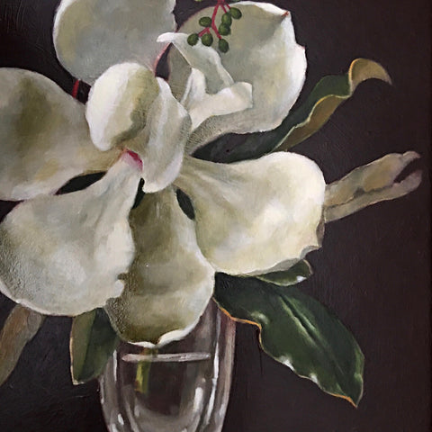 Painting of large white magnolia in a vase on a white tablecloth with red berries by Davette Leonard - Cottage Curator - Sperryville VA Art Gallery