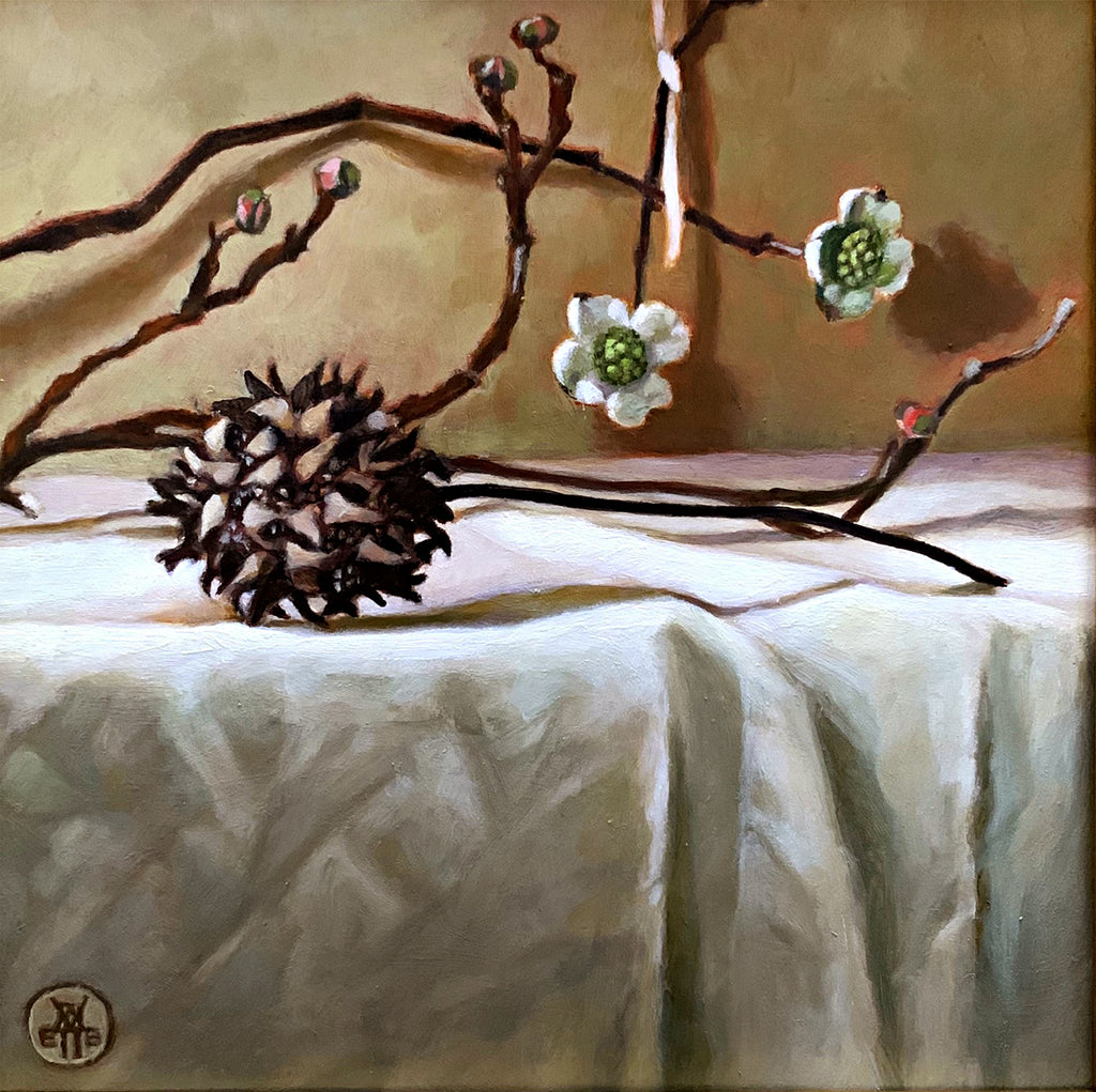 Still life painting of sweetgum and dogwood on white cloth-covered tabletop by Davette Leonard at Cottage Curator - Sperryville VA Art Gallery