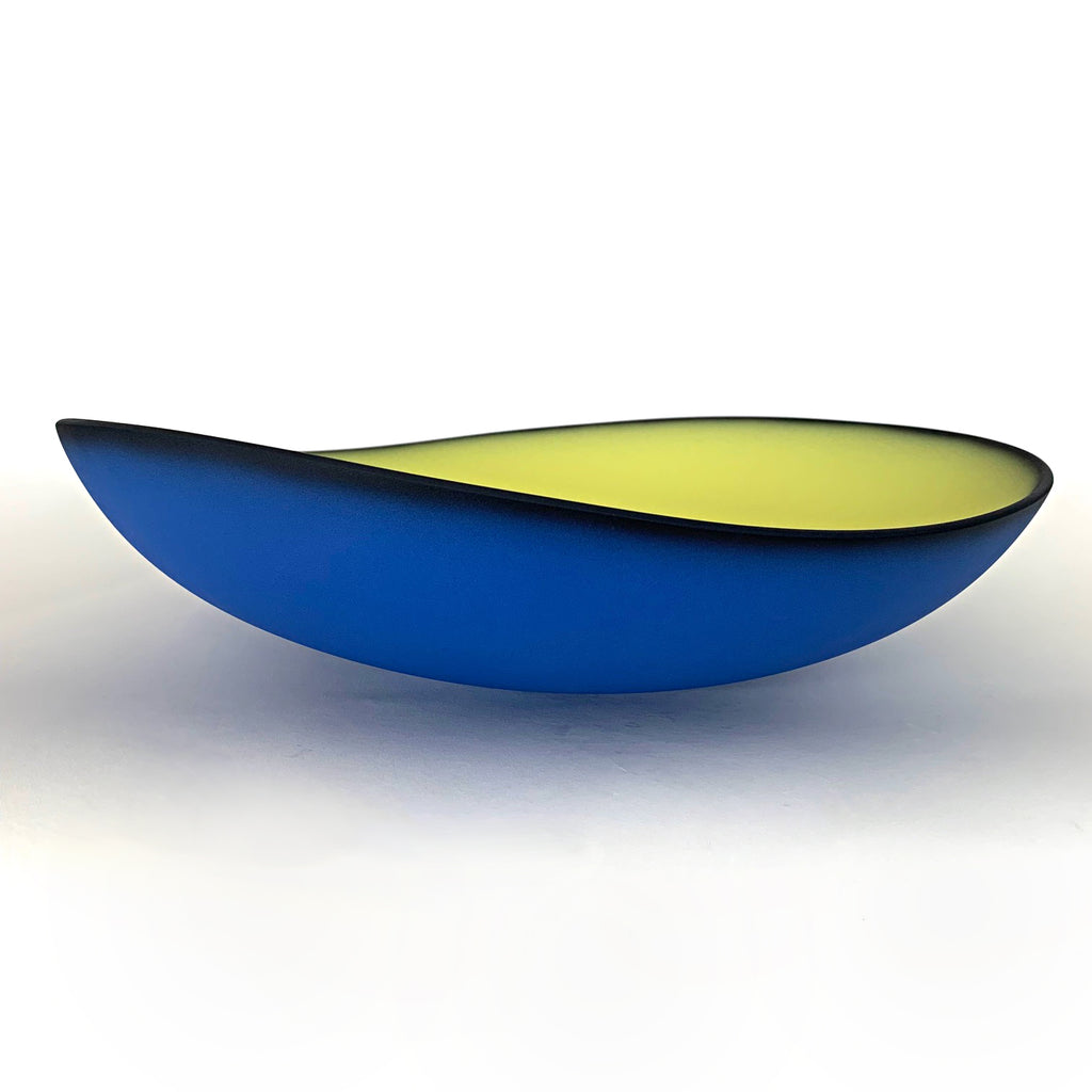 Blue earthenware bowl with yellow interior titled Illusion by Thomas Marrinson at Cottage Curator - Sperryville VA Art Gallery