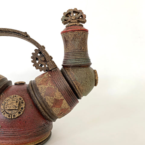 Detail of Clay teapot with steampunk style pieces and metal appearance in browns and reds by Steve Palmer at Cottage Curator - Sperryville VA Art Gallery