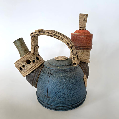 Steampunk stoneware teapot resembling assembled mechanical parts by Steve Palmer at Cottage Curator - Sperryville VA