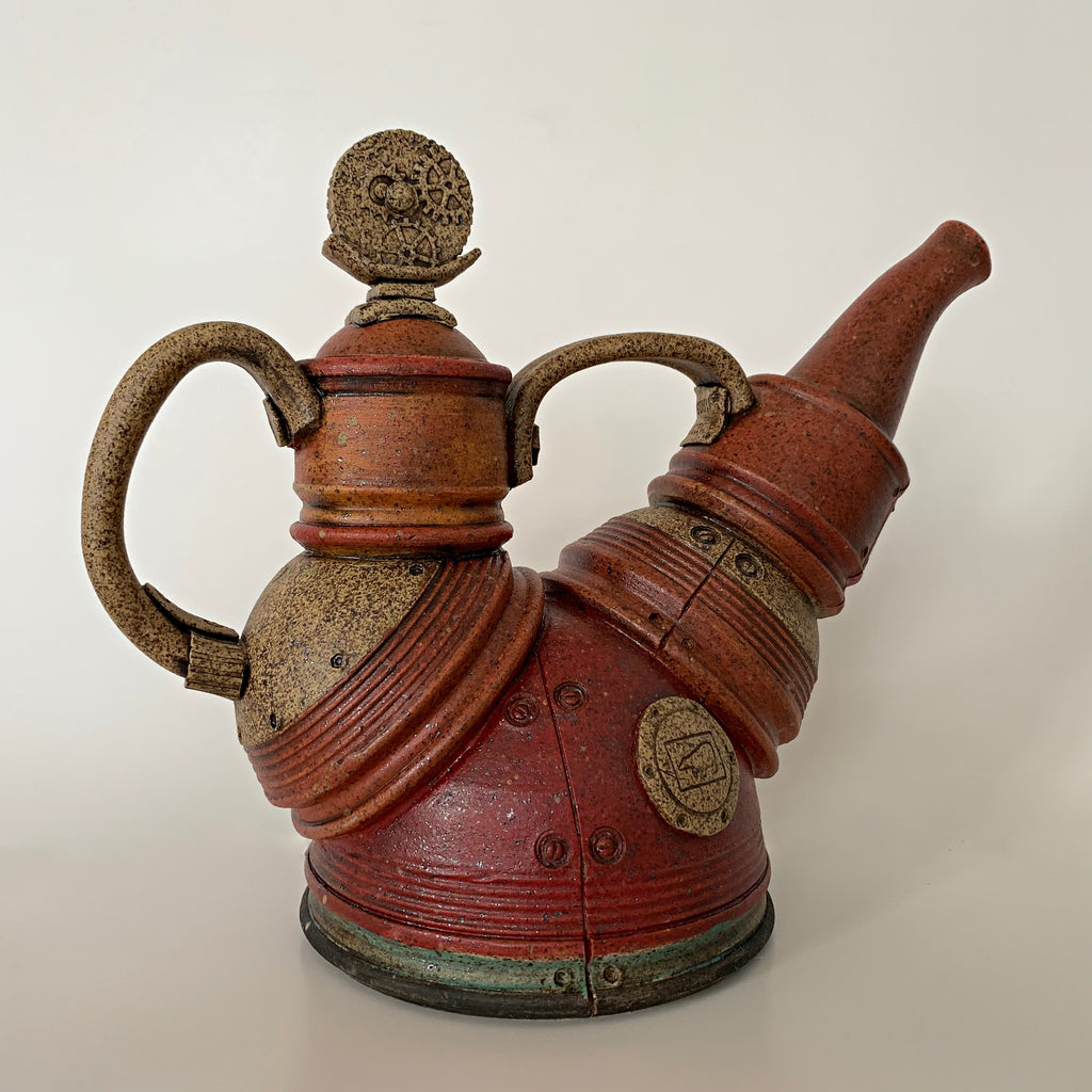Red/orange clay teapot with mechanical, steampunk style by Steve Palmer at Cottage Curator - Sperryville VA Art Gallery