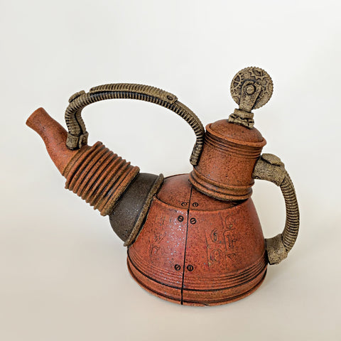 Brown/orange clay teapot with mechanical, steampunk style by Steve Palmer at Cottage Curator - Sperryville VA Art Gallery
