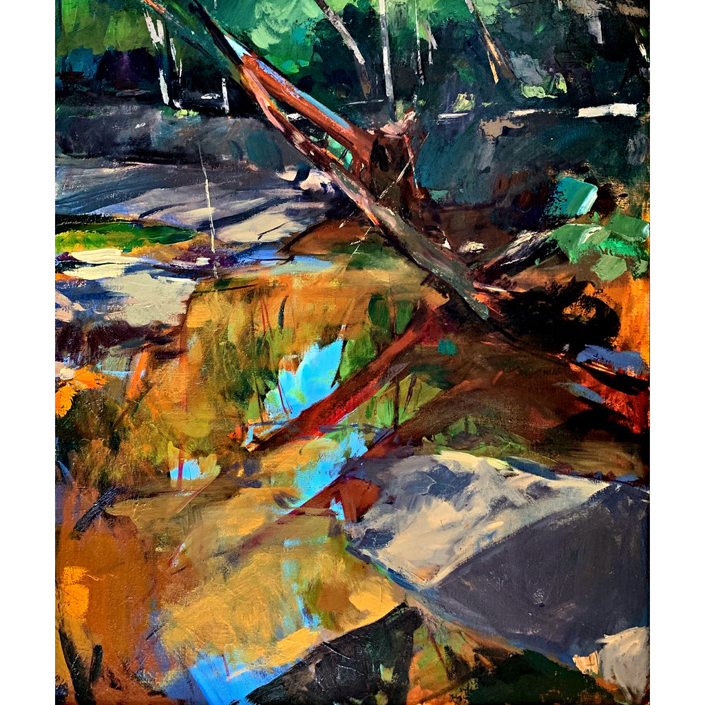 Abstract landscape painting in gestural strokes of oranges, greens, blues by Clive Pates at Cottage Curator - Sperryville VA Art Gallery