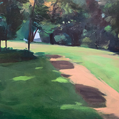 Detail of landscape painting of trail and trees with grass in gestural style by Clive Pates at Cottage Curator - Sperryville VA Art Gallery