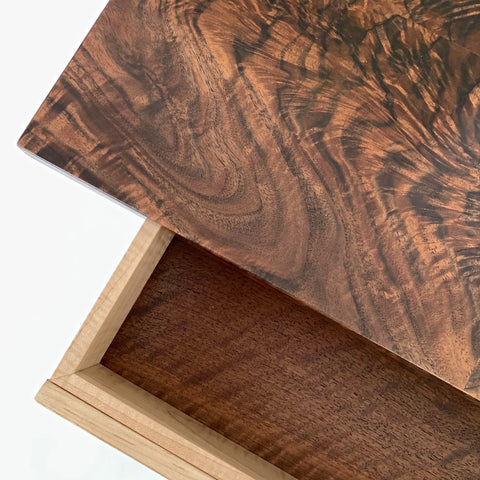 Detail of top and drawer on table in Claro Walnut and Quilted Maple by Lynn PIttinger at Cottage Curator - Sperryville VA Art Gallery