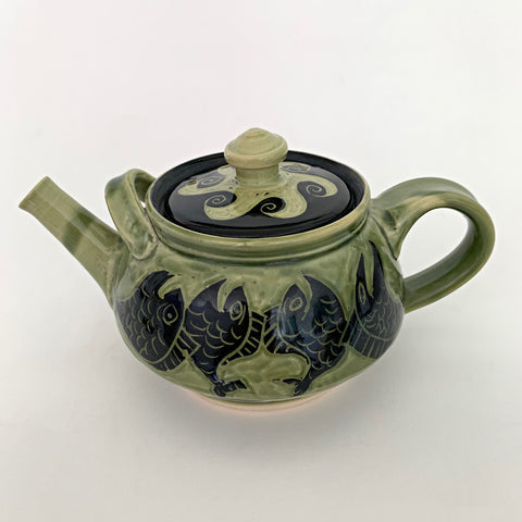 Stoneware teapot with fish in green and black glaze by Neal Reed at Cottage Curator - Sperryville VA Art Gallery