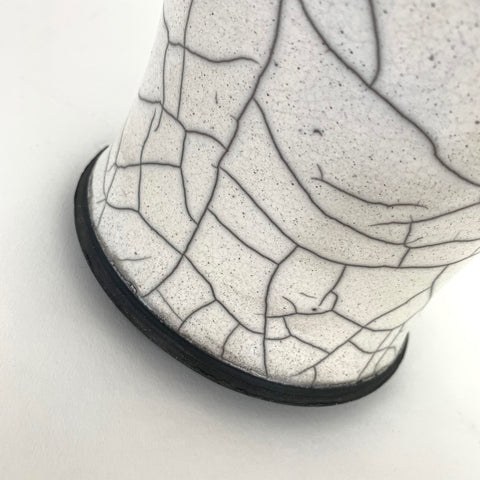 Detail of Raku black, white, gray and yellow stoneware vessel with egrets and lid in the shape of an egret by Robin Rodgers at Cottage Curator - Sperryville VA Art Gallery