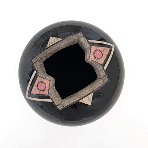 Top view of vase from a suite of two ceramic pieces by Andy Smith - one tall vase and one short cache vessel - in black and white raku glaze with peach and pink details. Available at Cottage Curator - Sperryville VA Art Gallery
