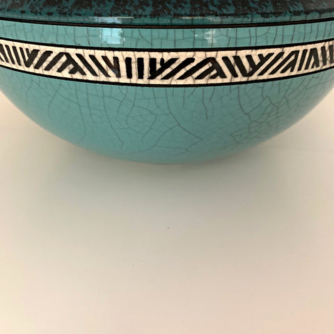 Detail of Clay vessel with black upper and turquoise lower and band of black and white with crackling all over by Andy Smith - Cottage Curator - Sperryville VA Art Gallery