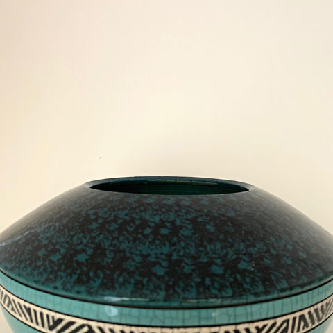 Detail of clay vessel with black upper and turquoise lower and band of black and white with crackling all over by Andy Smith - Cottage Curator - Sperryville VA Art Gallery