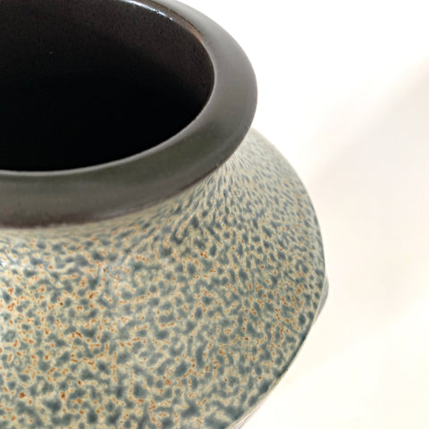Detail of top of vessel with wood ash glaze in black, white, blue and ochre by Frank Stofan at Cottage Curator - Sperryville VA Art Gallery