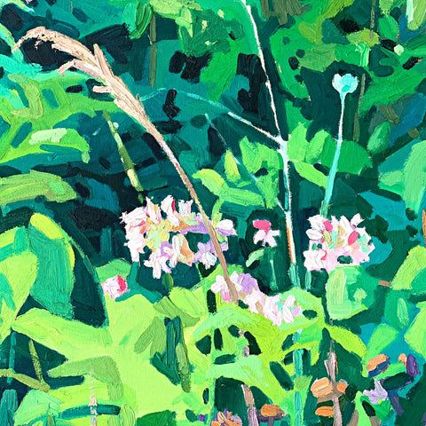 Detail of oil painting of Bouncing Bet pink flowers among background of green shrubs and plants by Krista Townsend at Cottage Curator - Sperryville VA Art Gallery
