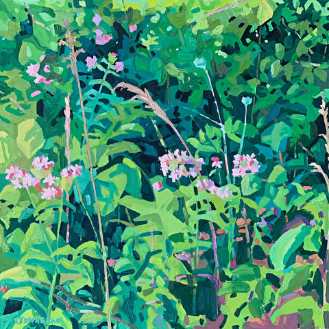 Oil painting of Bouncing Bet pink flowers among background of green shrubs and plants by Krista Townsend at Cottage Curator - Sperryville VA Art Gallery