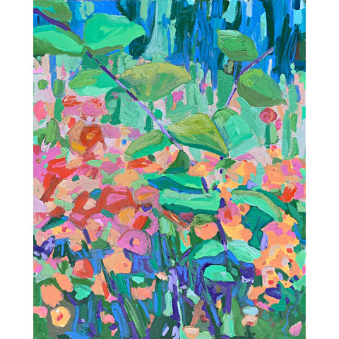 "Paper Flowers" - a painting of flowers near the woods in various colors by Krista Townsend at Cottage Curator - Sperryville VA Art Gallery