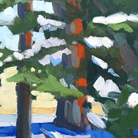 Detail of Painting of a winter scene of pine trees covered in snow with highlights of red reflects sunlight by Krista Townsend at Cottage Curator - Sperryville VA Art Gallery