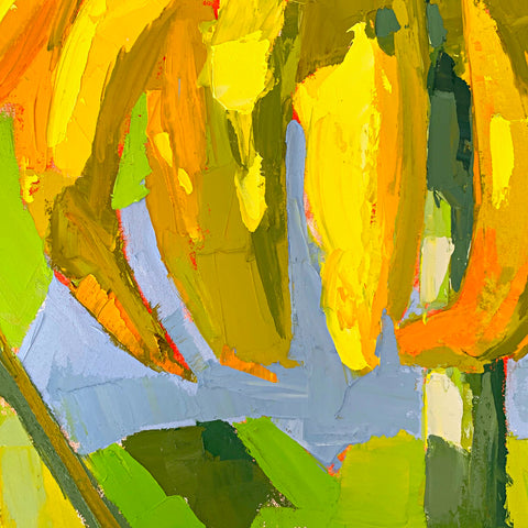 Detail of painting of large sunflower petals against a blue sky with impasto brush strokes by Krista Townsend at Cottage Curator - Sperryville VA Art Gallery