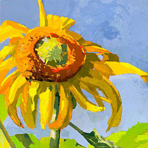 Painting of large sunflower against a blue sky with impasto brush strokes by Krista Townsend at Cottage Curator - Sperryville VA Art Gallery