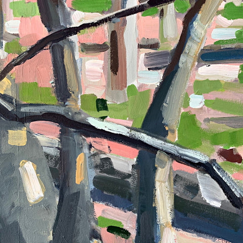 Detail of painting of trees in the forest in shades of pink, green, blue and gray by Krista Townsend at Cottage Curator - Sperryville VA Art Gallery