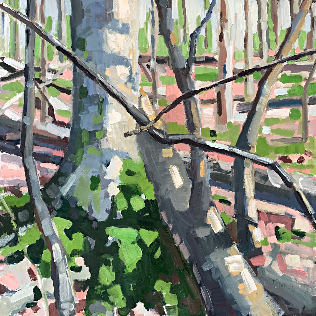 Painting of moss on trees in the forest in shades of pink, green, blue and gray by Krista Townsend at Cottage Curator - Sperryville VA Art Gallery
