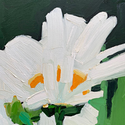 Detail of Tall painting of daisies on dark green background by Krista Townsend at Cottage Curator - Sperryville VA Art Gallery