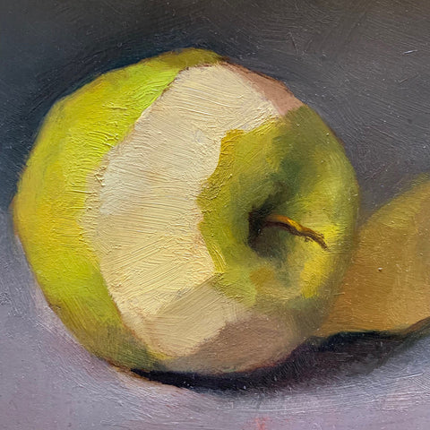 Detail of Still life painting of partially peeled golden apple on a gray background by Nancy Van Meter at Cottage Curator - Sperryville VA Art Gallery