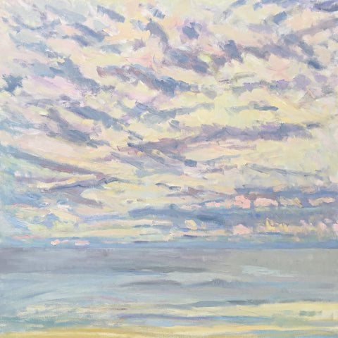 Oil painting of sea and sky in pastel purples, blues, yellows and pinks by Priscilla Long Whitlock at Cottage Curator, Sperryville VA Art Gallery