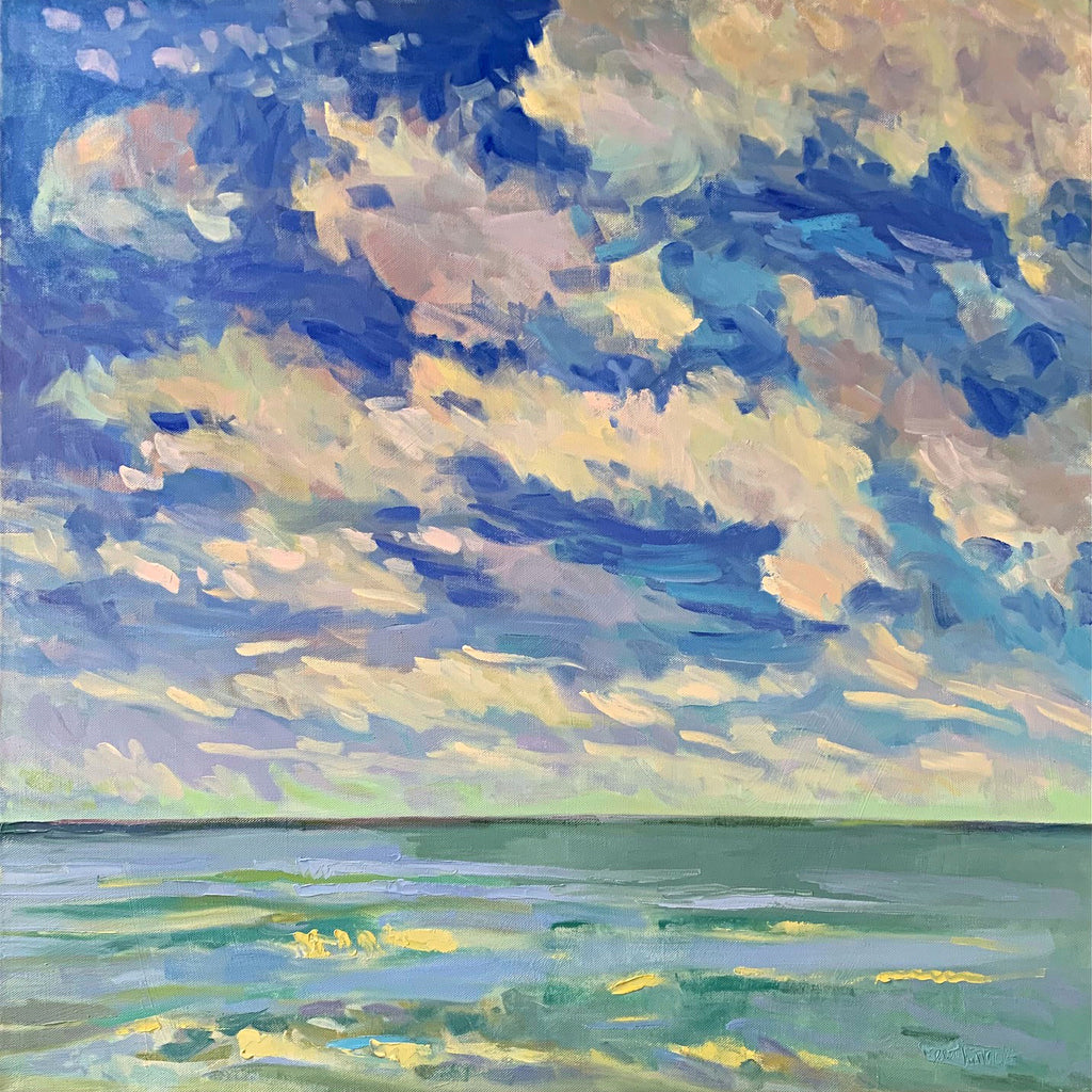 Oil painting of sea and sky in blues with pinks and greens by. Priscilla Whitlock at Cottage Curator - Sperryville VA Art Gallery