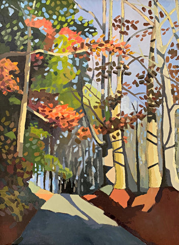 Painting of a path in the woods on an autumn afternoon in greens, browns and oranges by Joan Wiberg at Cottage Curator - Sperryville VA Art Gallery