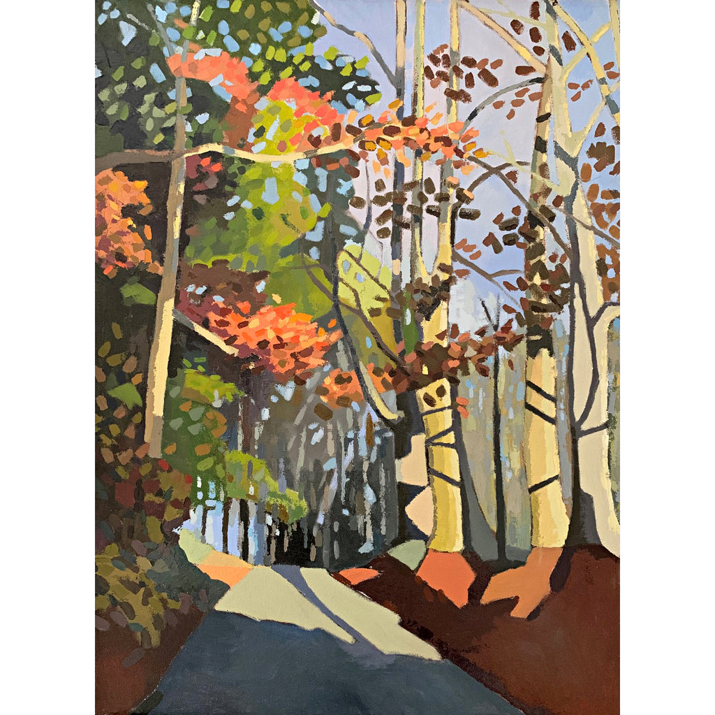 Painting of a path in the woods on an autumn afternoon in greens, browns and oranges by Joan Wiberg at Cottage Curator - Sperryville VA Art Gallery
